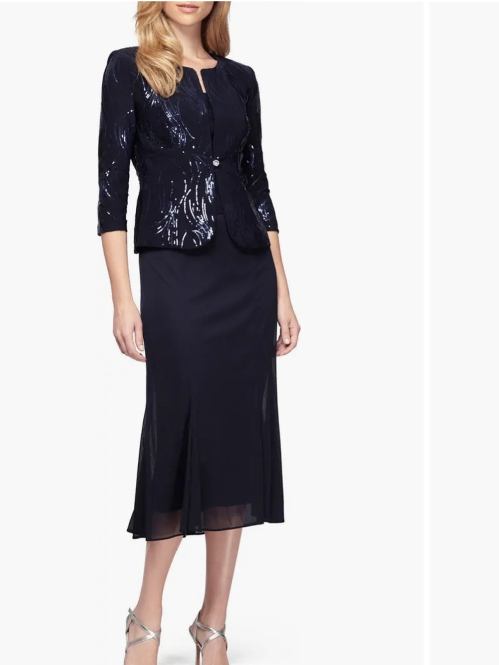 Alex Evenings Navy Sequin Jacket and Midi Dress Set